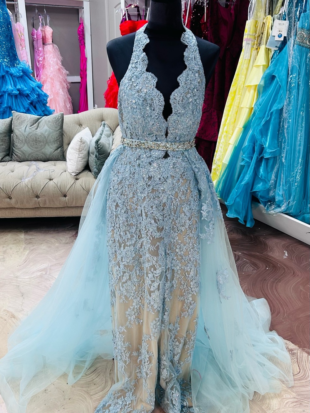 Jovani Light Blue Lace Halter Gown - Picture 3 of 7